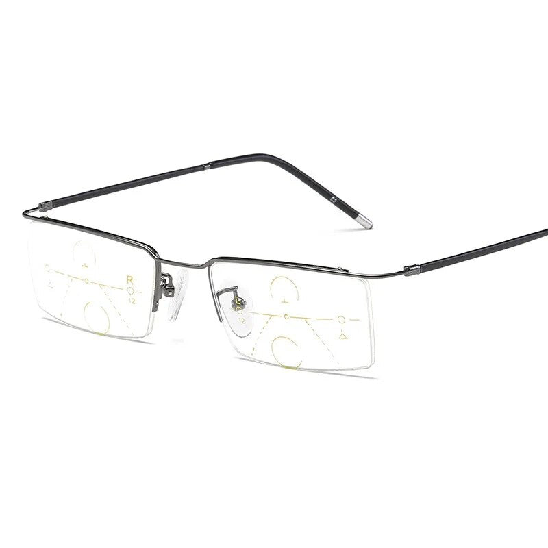 Men's Reading Glasses Half Frame Alloy Progressive Presbyopic Lenses Reading Glasses Brightzone Gun +100 