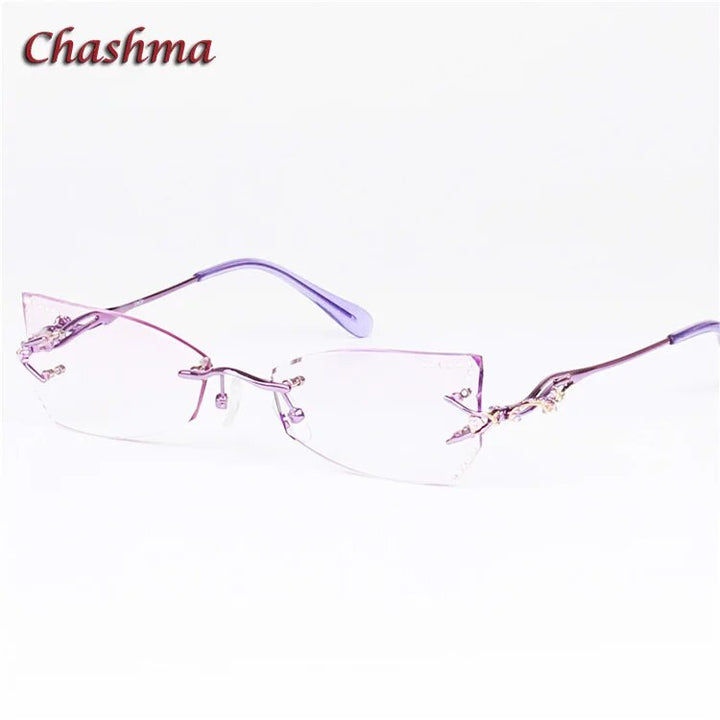 Chashma Women's Rimless Eyeglasses Tint Lenses Titanium Diamond Cut Cat Eye 8036Ce Rimless Chashma Purple Shape B  