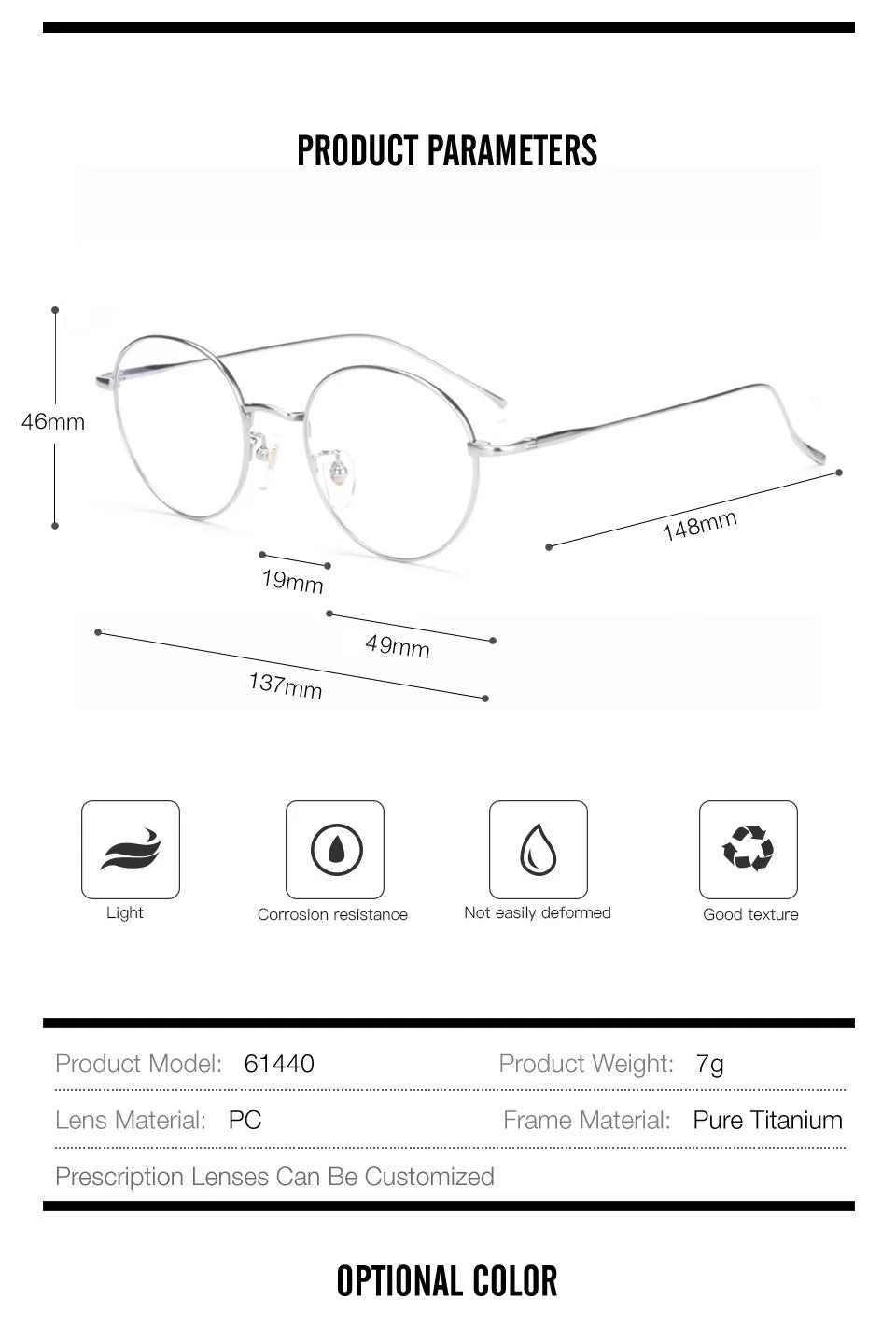 Muzz 61440 unisex round pure titanium prescription eyeglasses — view 2