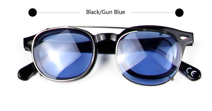 Esnbie Unisex Full Rim Round Acetate Eyeglasses Clip On Sunglasses 4324 With Clip Ons Esnbie Black-gun blue 43mm-S Size 