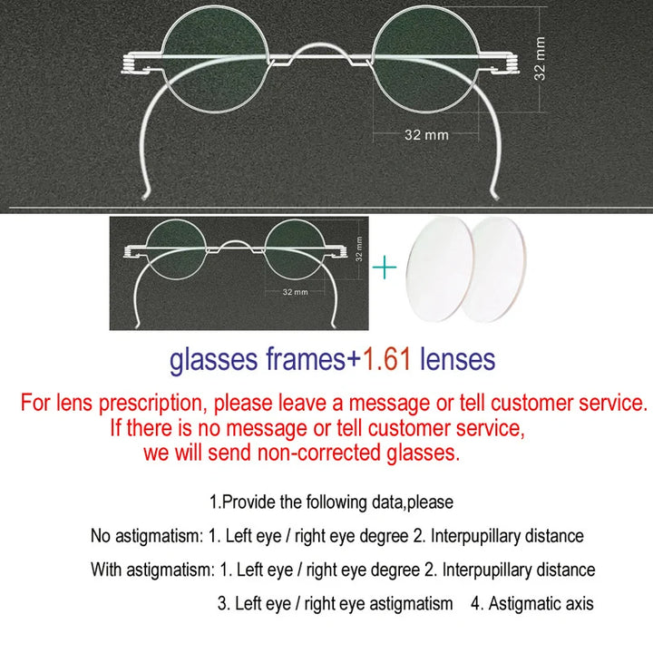 Yujo Unisex Full Rim Round Stainless Steel Eyeglasses 303236 Full Rim Yujo 32mm CHINA