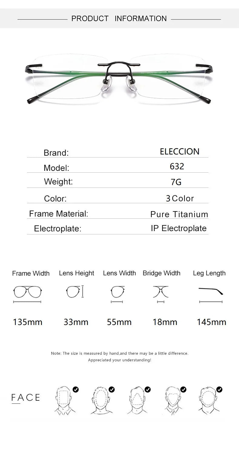 Eleccion Women's Rimless Square Oval Titanium Eyeglasses 4632