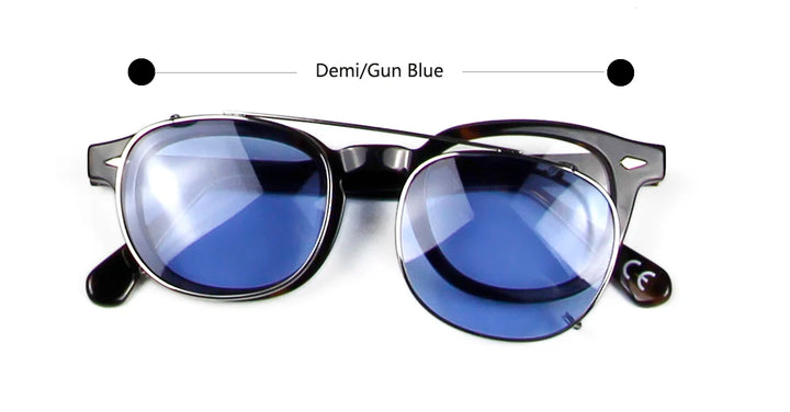 Esnbie Unisex Full Rim Round Acetate Eyeglasses Clip On Sunglasses 4324 With Clip Ons Esnbie Demi--gun blue 43mm-S Size 