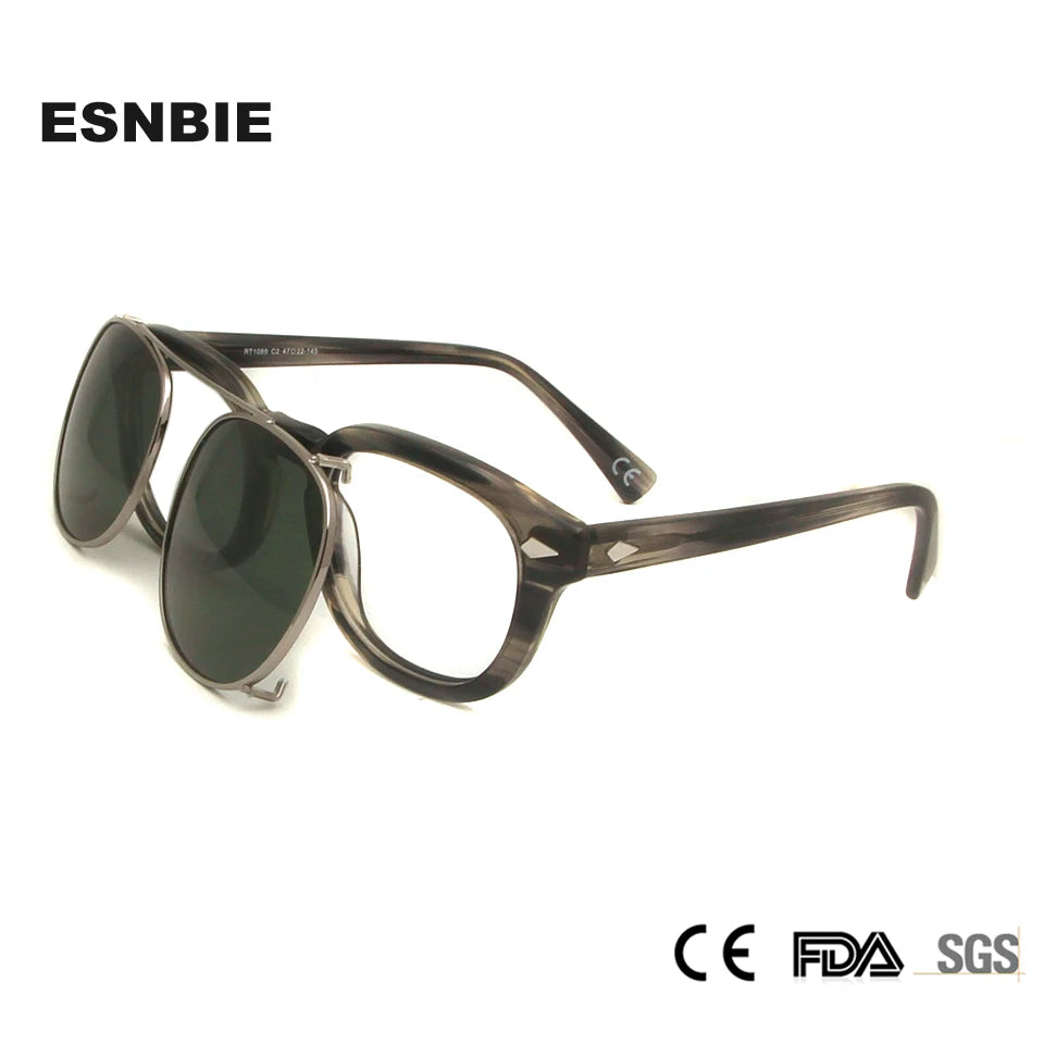 Esnbie Unisex Full Rim Oval Acetate Eyeglasses Clip On Sunglasses 1085 With Clip Ons Esnbie   