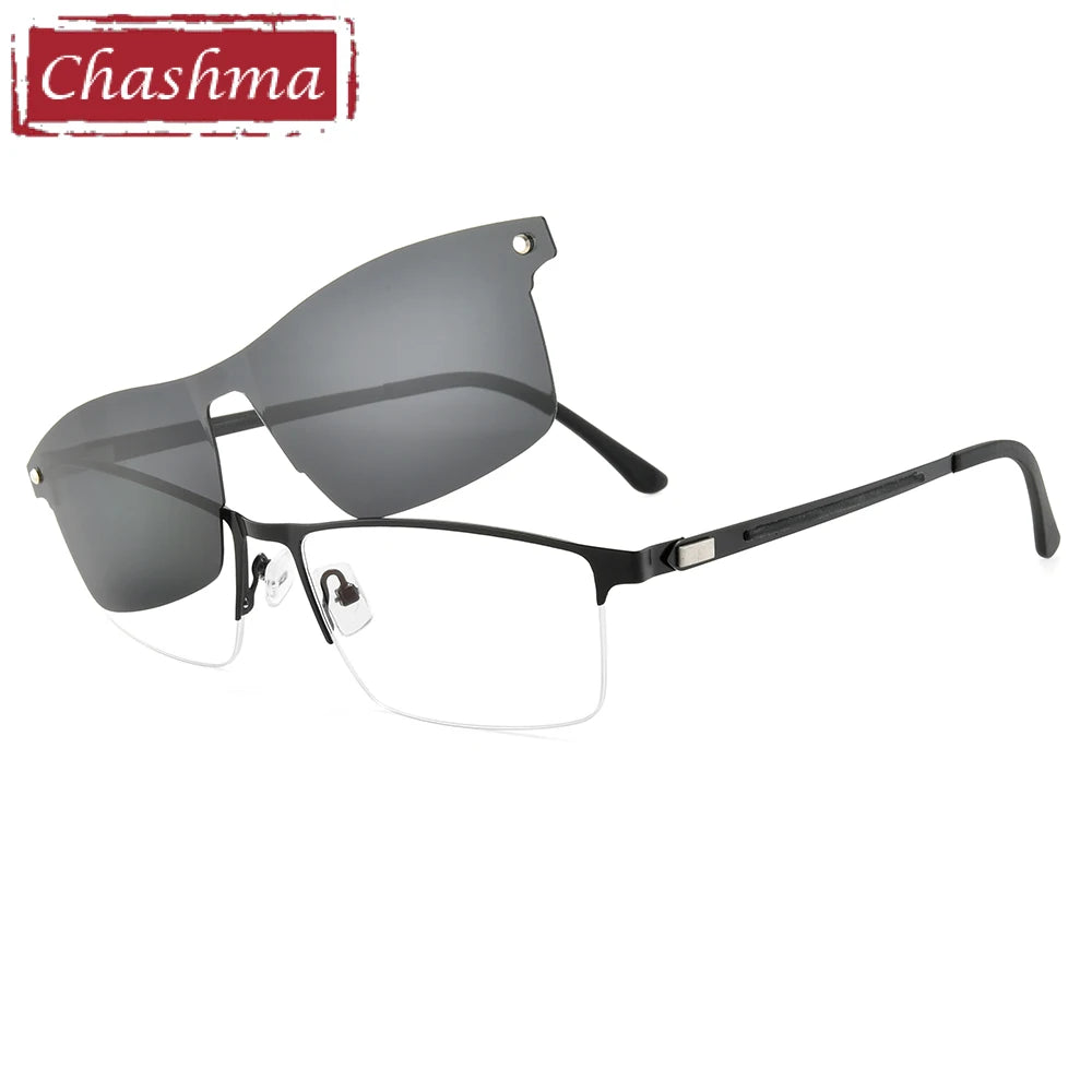 Chashma Ottica Men's Semi Rim Square Titanium Eyeglasses Clip On Sunglasses 494007