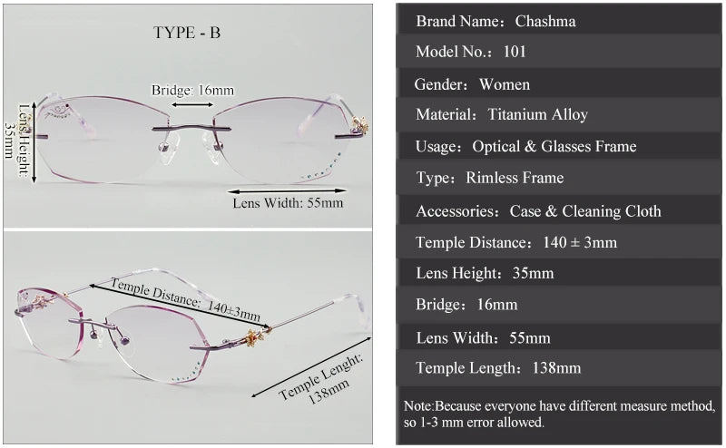 Chashma Ottica Women's Rimless Oval Square Titanium Eyegllasses 92789 Rimless Chashma Ottica