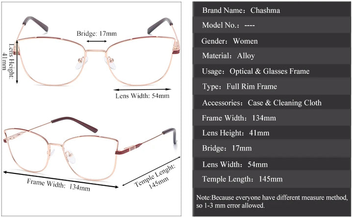 Chashma Ottica Women's Full Rim Square Cat Eye Alloy Eyeglasses Full Rim Chashma Ottica