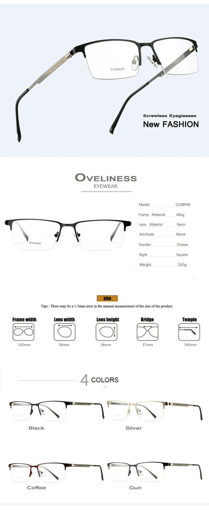 Oveliness Men's Semi Rim Square Titanium Alloy Eyeglasses 8840 Semi Rim Oveliness   