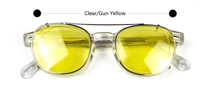 Esnbie Unisex Full Rim Round Acetate Eyeglasses Clip On Sunglasses 4324 With Clip Ons Esnbie Clear-gun yellow 46mm-M Size 