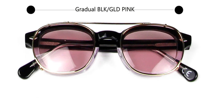 Esnbie Unisex Full Rim Round Acetate Eyeglasses Clip On Sunglasses 4324 With Clip Ons Esnbie Grad BLK-gold pink 43mm-S Size 