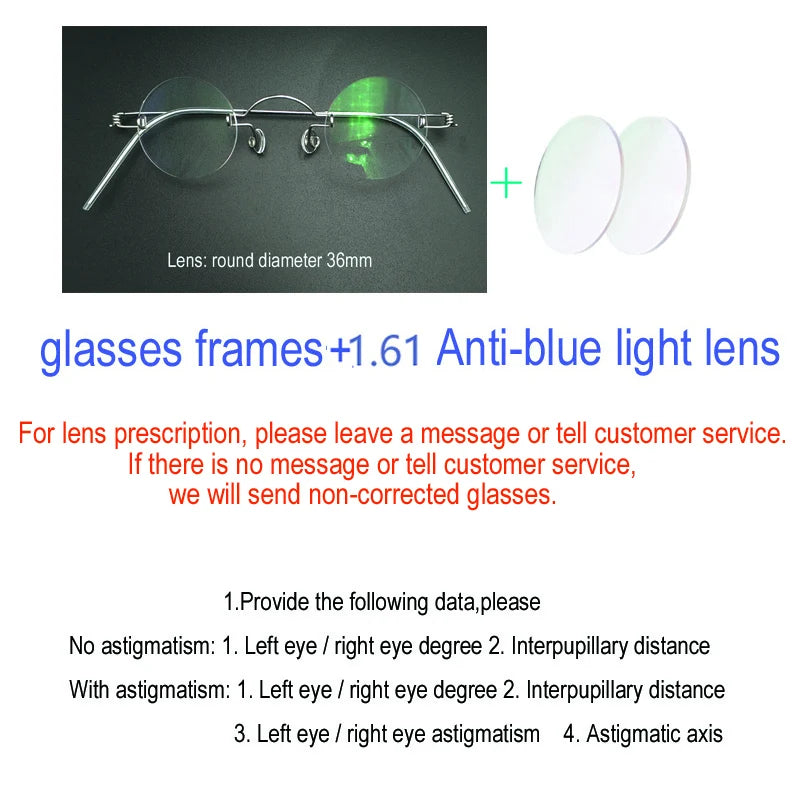 Yujo Unisex Rimless Round Screwless Steel Eyeglasses 23636 Rimless Yujo Anti-blue CHINA