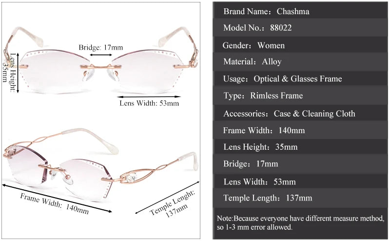 Chashma Ottica Women's Rimless Oval Cat Eye Titanium Eyeglasses 880224