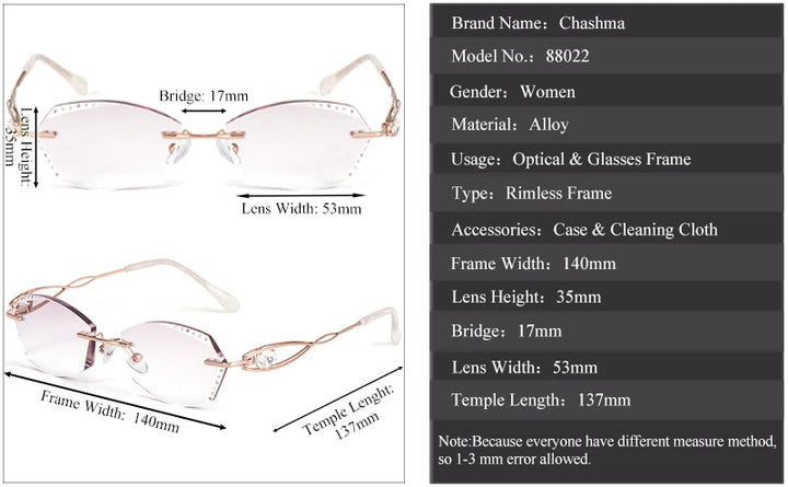 Chashma Ottica Women's Rimless Oval Cat Eye Titanium Eyeglasses 880224