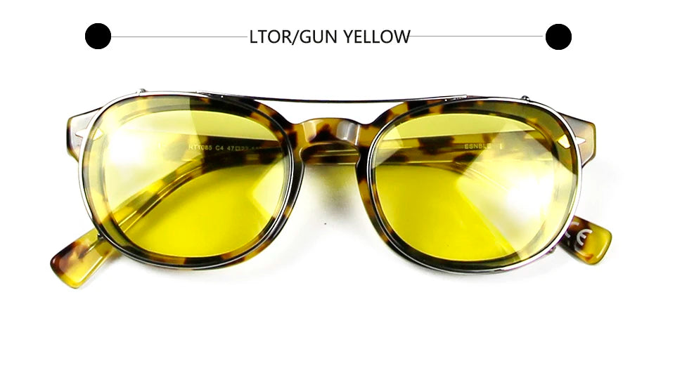 Esnbie Unisex Full Rim Round Acetate Eyeglasses Clip On Sunglasses 1086 With Clip Ons Esnbie LTOR-gun yellow  