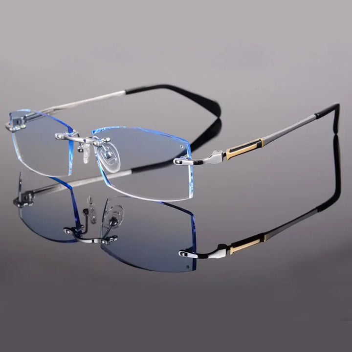 Reven Jate Men's Rimless Square Titanium Diamond Cut Eyeglasses 99001 Rimless Reven Jate silver