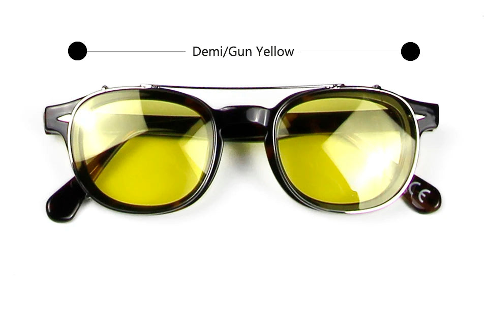 Esnbie Unisex Full Rim Round Acetate Eyeglasses Clip On Sunglasses 4324 With Clip Ons Esnbie Demi-gun yellow 46mm-M Size 