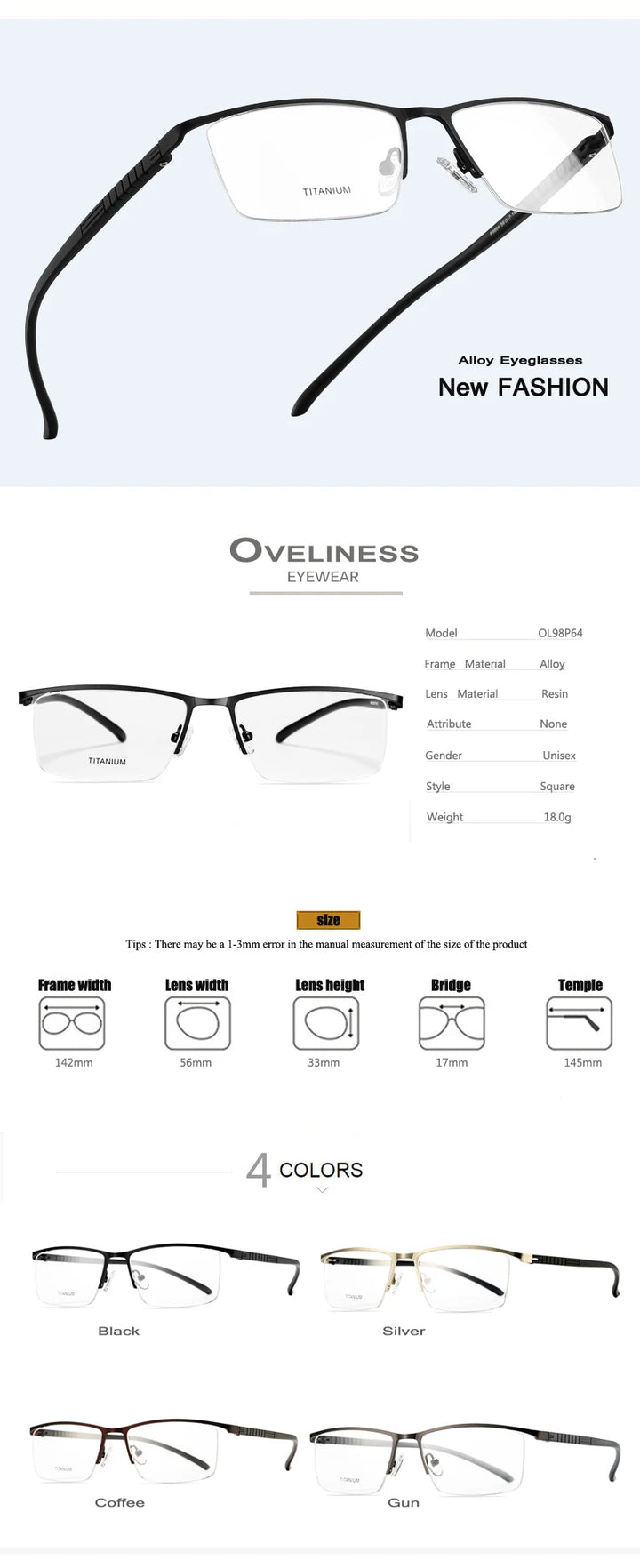 Oveliness Men's Semi Rim Brow Line Square Alloy Eyeglasses 9864 Semi Rim Oveliness   