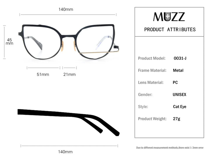 Muzz Women's Full Rim Square Cat Eye Titanium Eyeglasses 10031 Full Rim Muzz   