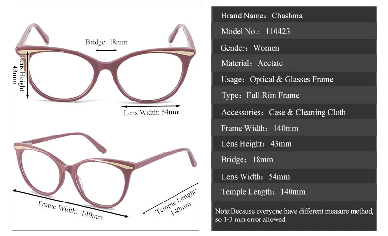 Chashma Ottica Women's Full Rim Square Cat Eye Acetate Eyeglasses 110423 Full Rim Chashma Ottica