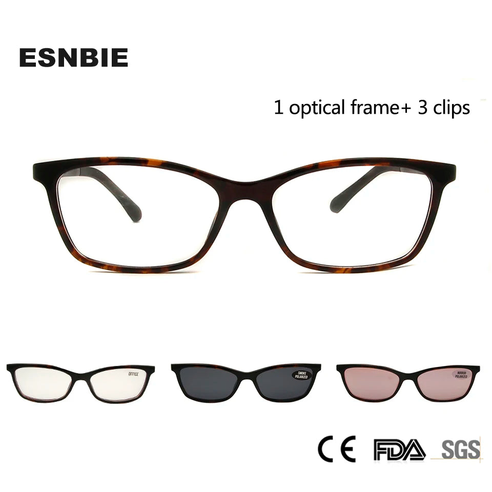 Esnbie Unisex Full Rim Square Ultem Eyeglasses Clip On Sunglasses 2611 With Clip Ons Esnbie   