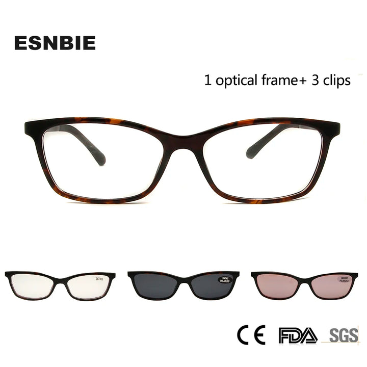 Esnbie Unisex Full Rim Square Ultem Eyeglasses Clip On Sunglasses 2611 With Clip Ons Esnbie   