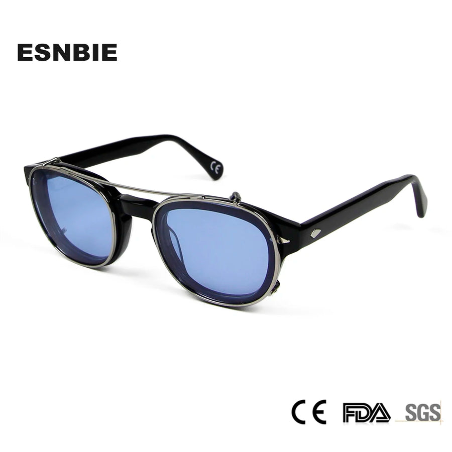 Esnbie Unisex Full Rim Round Acetate Eyeglasses Clip On Sunglasses 4324 With Clip Ons Esnbie   