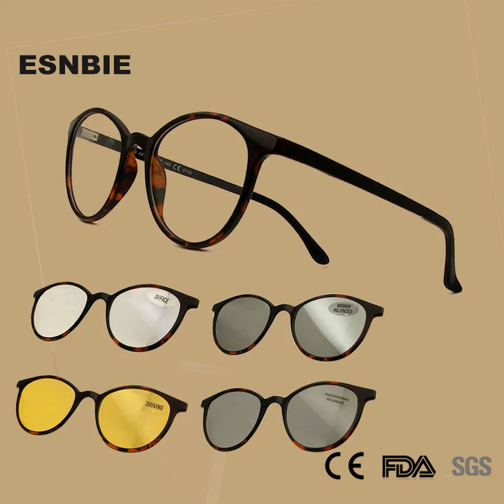 Esnbie Unisex Full Rim Oval Ultem Eyeglasses Clip On Sunglasses 2641 With Clip Ons Esnbie   