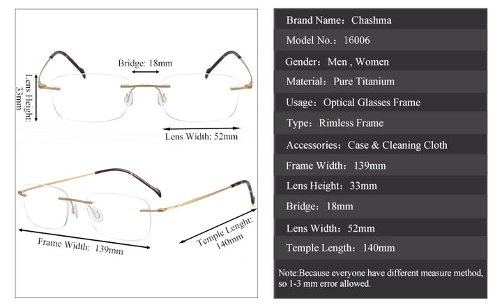 Chashma Unisex Rimless Square Titanium Eyeglasses 16006 Rimless Chashma   