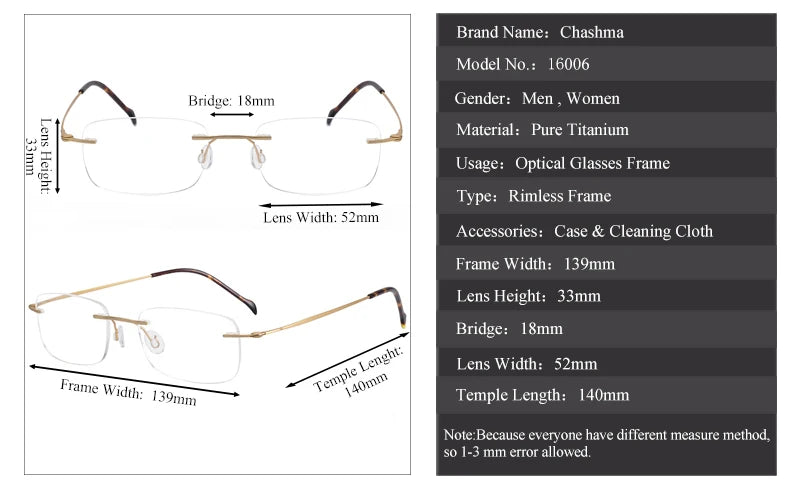 Chashma Women's Rimless Square Titanium Eyeglasses Rimless Chashma Ottica