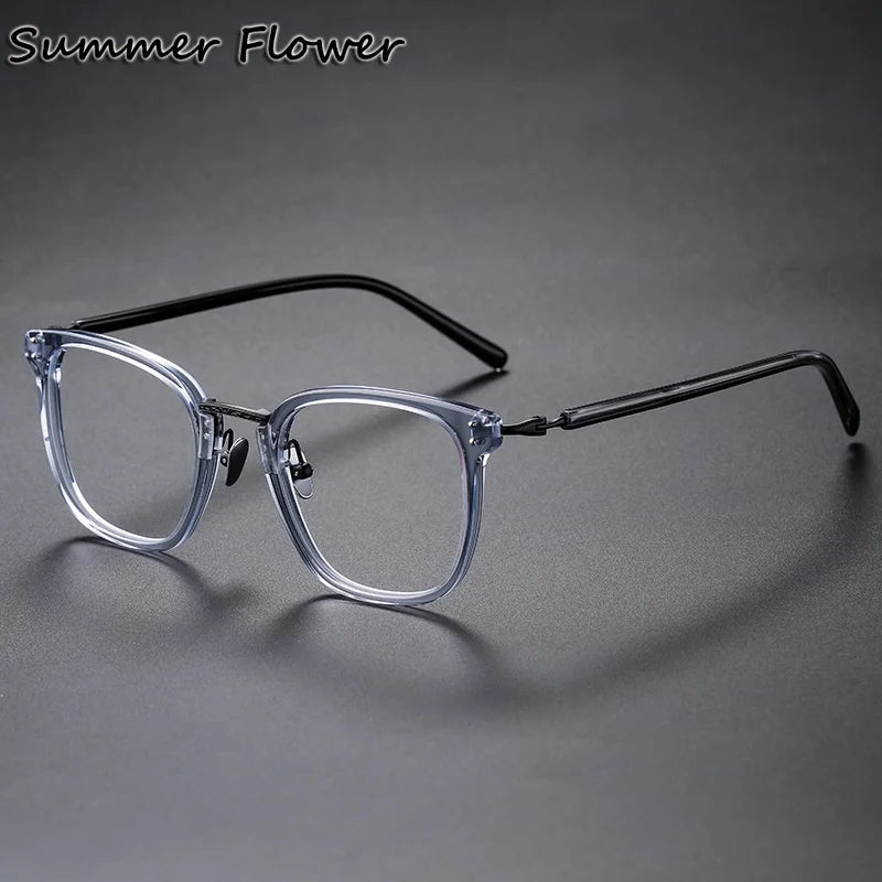 Summer Flower Unisex Full Rim Square Acetate Titanium Eyeglasses 84820 Full Rim Summer Flower Transparent Gray