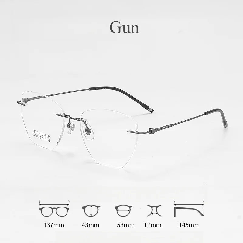 KatKani Mens Rimless Polygonal Titanium Eyeglasses 6019 Rimless KatKani Eyeglasses Gun  