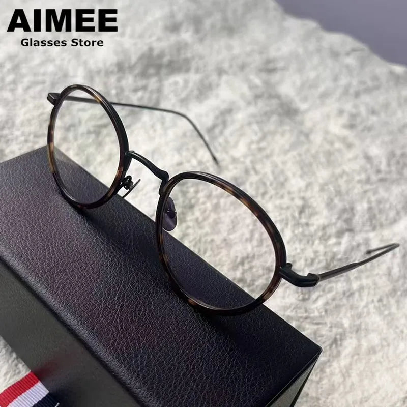 Aimee Unisex Full Rim Round Titanium and Acetate Eyeglasses tb905 - Tortoise-Black