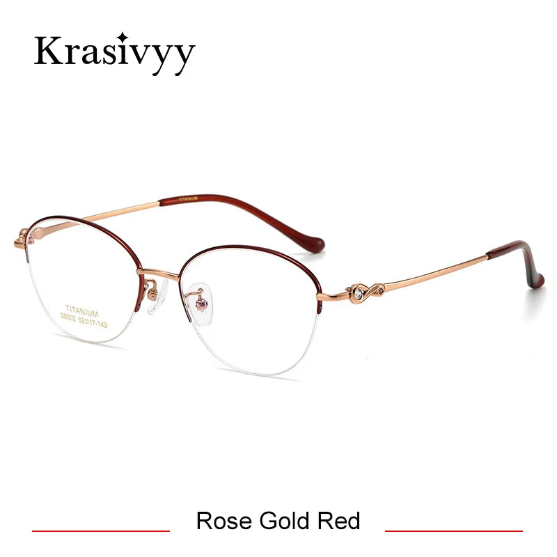 Krasivyy Women's Semi Rim Oval Round Titanium Eyeglasses 446002 Semi Rim Krasivyy Rose Gold Red  