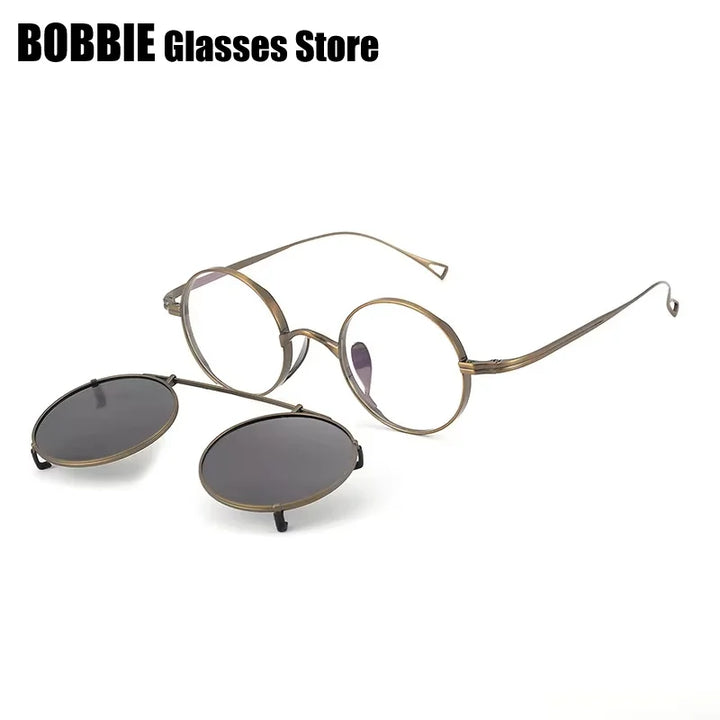 Bobbie Women's Full Rim Round Titanium Eyeglasses Clip On Sunglasses 612994