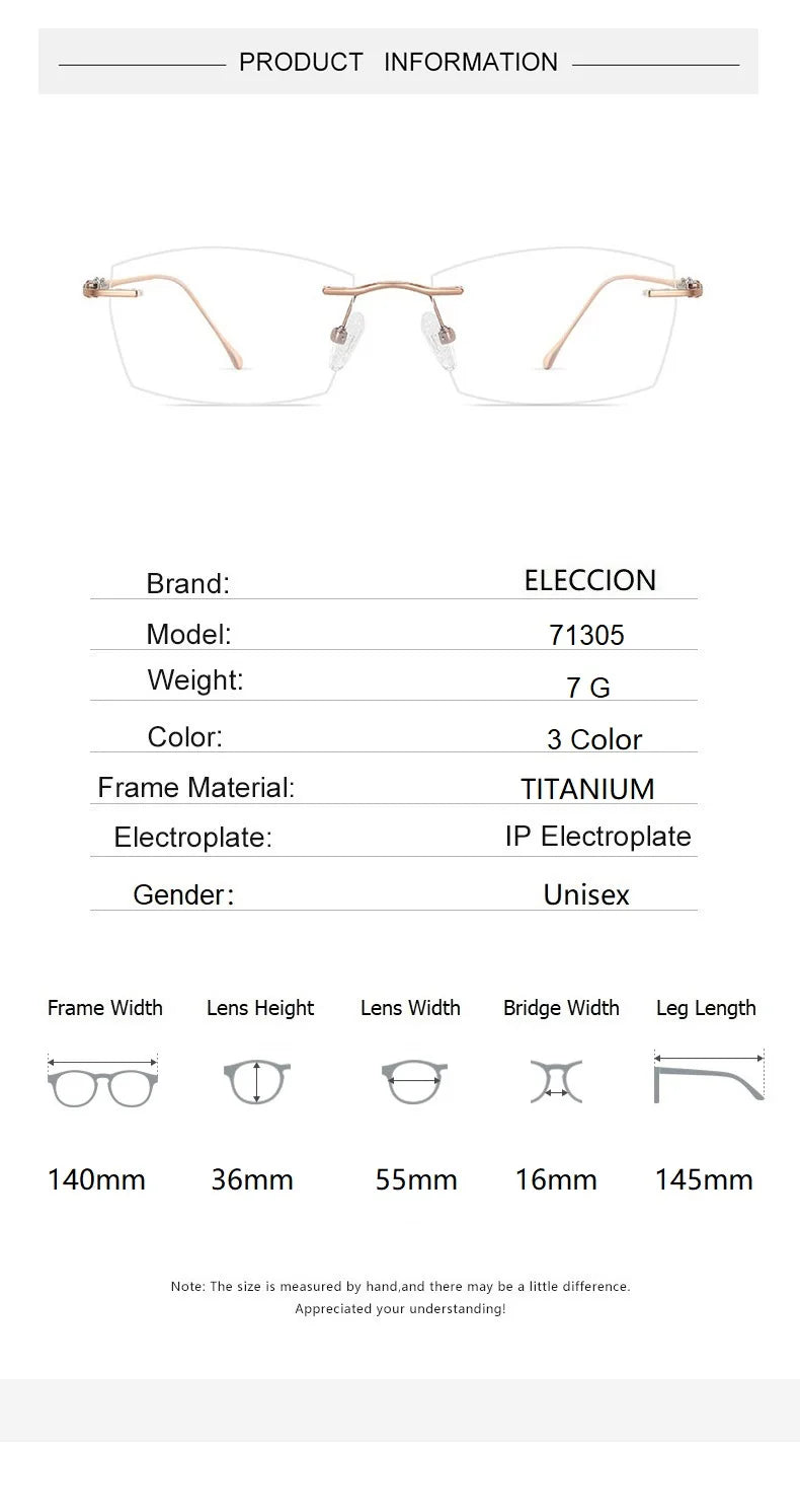 Eleccion Unisex Rimless Square Titanium Eyeglasses 71305 Rimless Eleccion