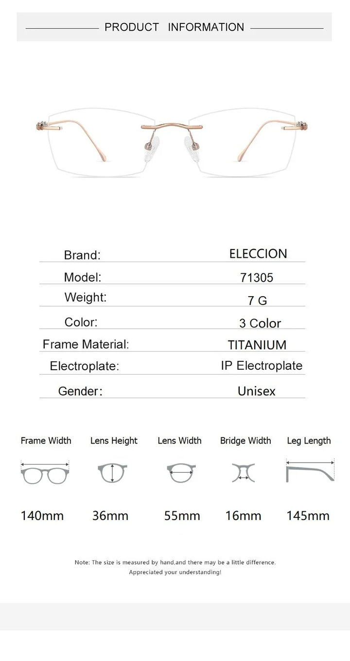 Eleccion Unisex Rimless Square Titanium Eyeglasses 71305 Rimless Eleccion