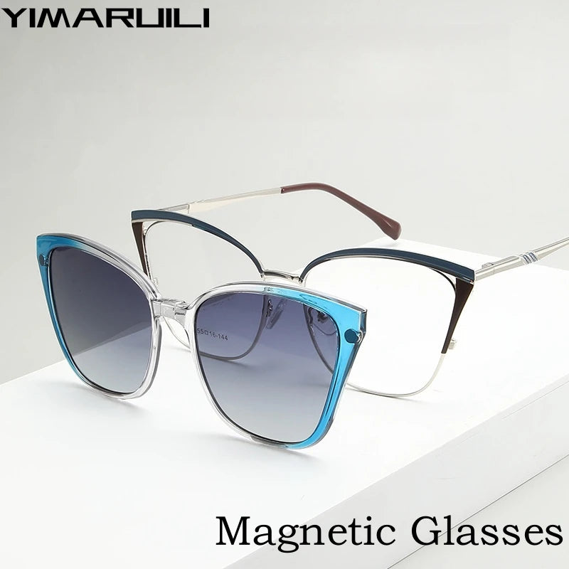 Yimaruili Women's Full Rim Cat Eye Alloy Eyeglasses Clip On Polarized Sunglasses 2256 With Clip Ons Yimaruili Eyeglasses   