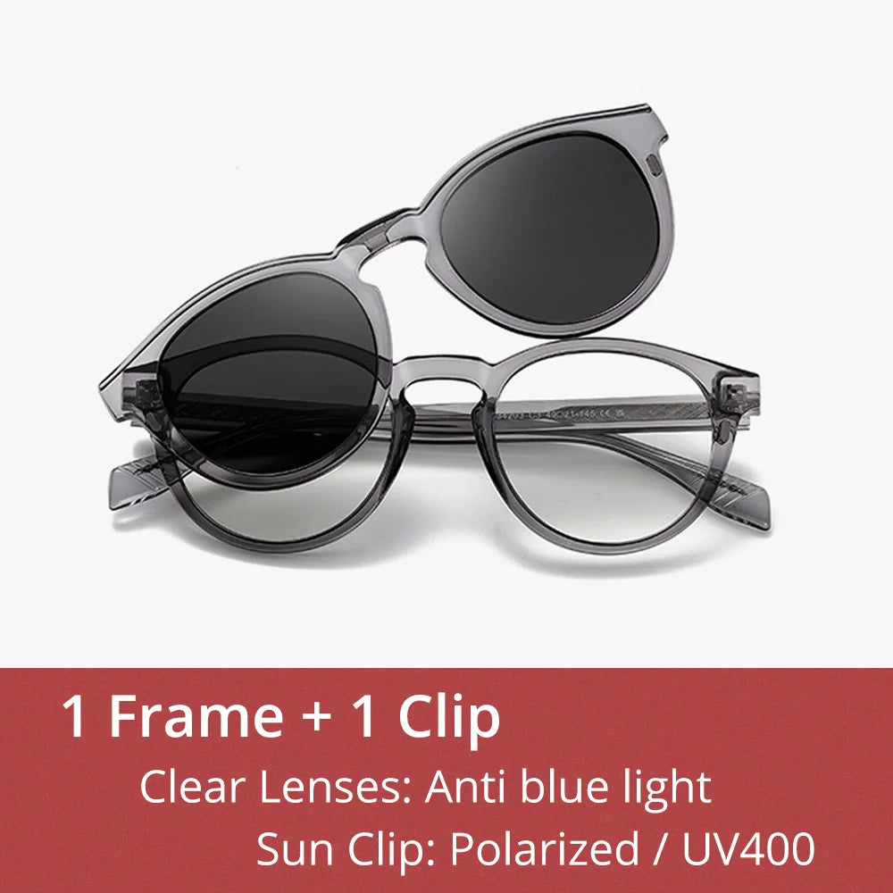 Ralferty Unisex Full Rim Round Acetate Eyeglasses Clip On Sunglasses 334203