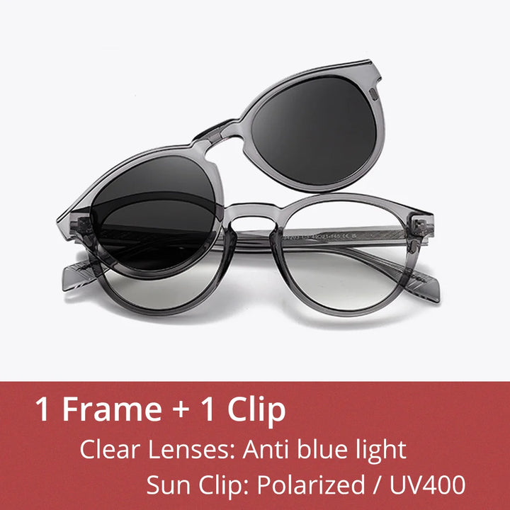 Ralferty Unisex Full Rim Round Acetate Eyeglasses Clip On Sunglasses 334203