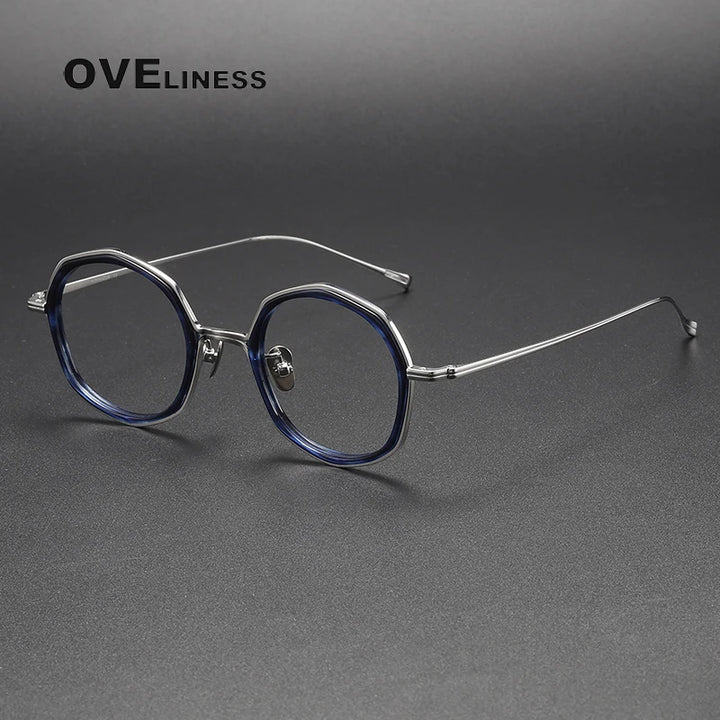Oveliness Unisex Full Rim Polygon Acetate Titanium Eyeglasses U135 Full Rim Oveliness blue silver  