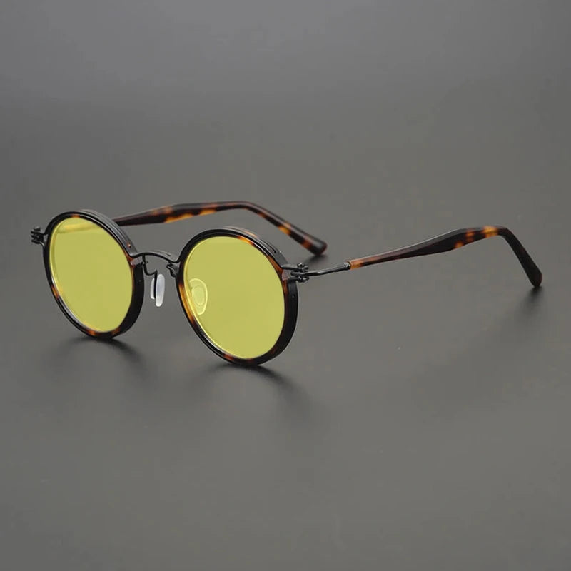 Gatenac Unisex Full Rim Round Polarized Acetate Titanium Sunglasses Mo10  FuzWeb  Tortoiseshell Yellow  