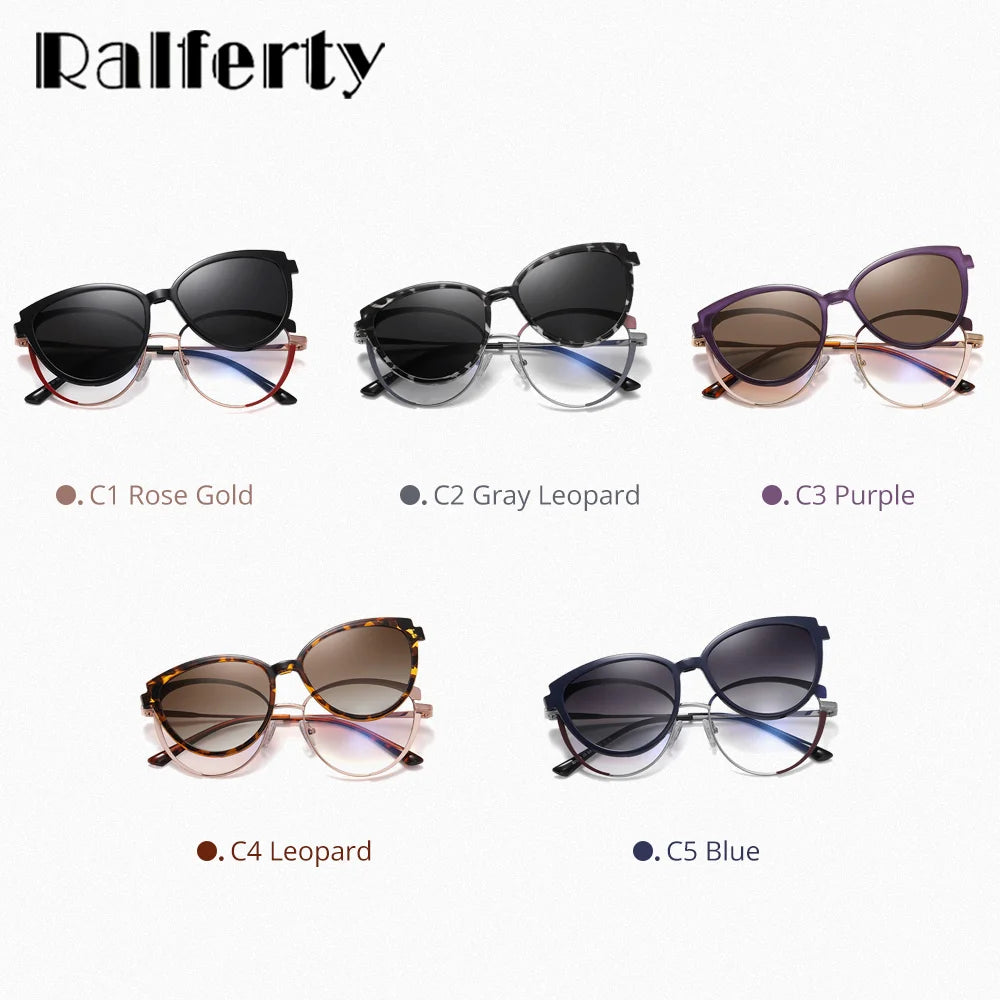 Ralferty Women's Full Rim Cat Eye Alloy Eyeglasses Clip On Polarized Sunglasses R2510 With Clip Ons Ralferty   