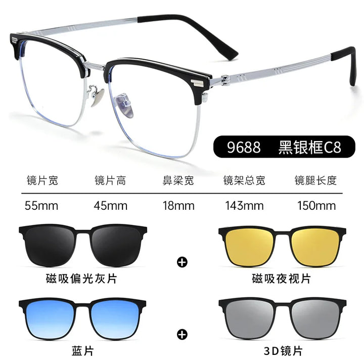 Reven Jate Unisex Full Rim Square Titanium Tr 90 Eyeglasses Clip On Sunglasses 96889