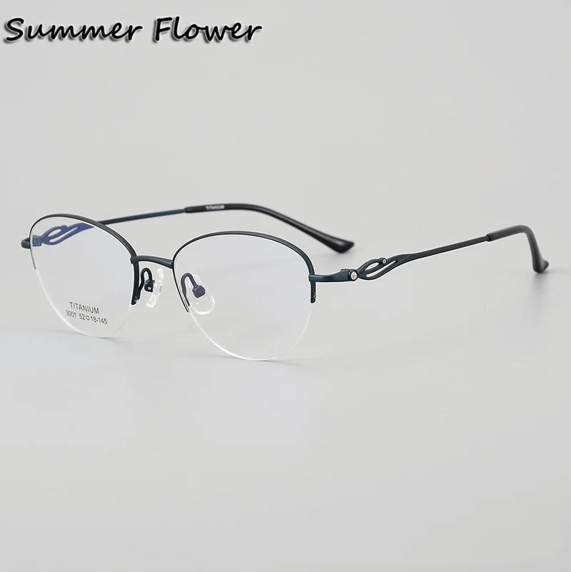 Summer Flower Unisex Semi Rim Oval Titanium Eyeglasses 83001 Semi Rim Summer Flower Blue