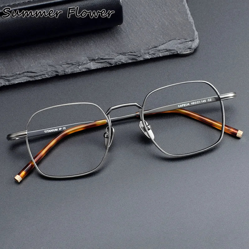 Summer Flower Unisex Full Rim Polygon Square Titanium Eyeglasses 14221 Full Rim Summer Flower