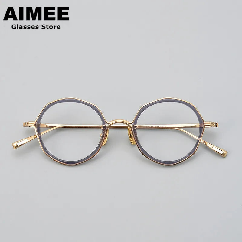 Aimee Unisex Full Rim Polygon Round Titanium Acetate Eyeglasses 8135 Full Rim Aimee Grey-Golden  