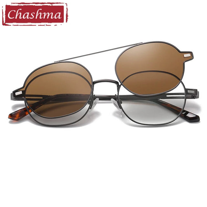 Chashma Ottica Unisex Full Rim Oval Alloy Eyeglasses Clip On Polarized Sunglasses 8802 With Clip Ons Chashma Ottica Gray -Brown  