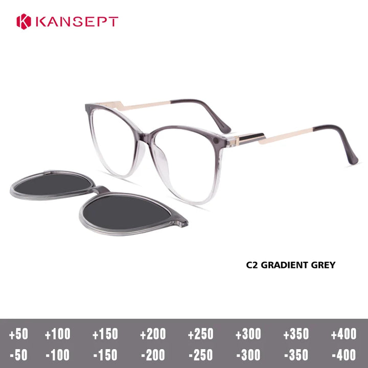 Kansept Women's Full Rim Square Tr 90 Alloy Reading Glasses Clip On Sunglasses 513003
