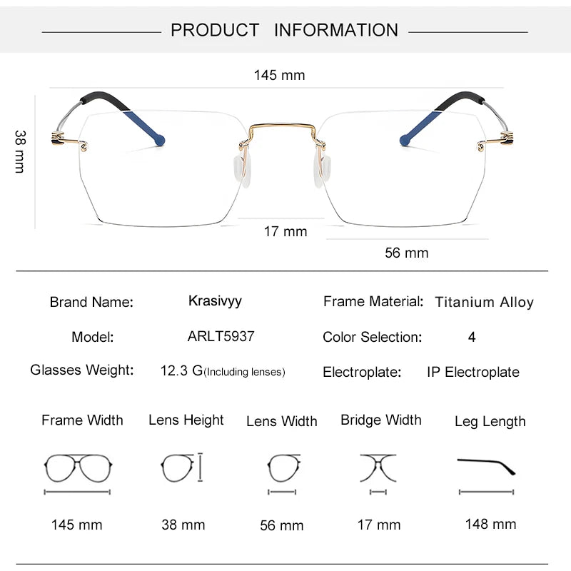 Krasivyy Unisex Rimless Square Titanium Alloy Eyeglasses 45937 Rimless Krasivyy