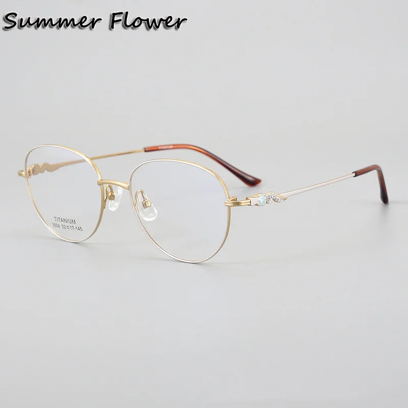 Summer Flower Women's Full Rim Oval Round Titanium Eyeglasses 83004 Full Rim Summer Flower Gold White